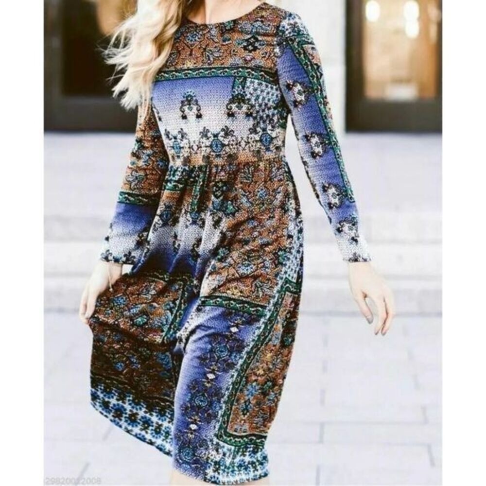 Zara TRF Dress S Patchwork Long Sleeve Button Back Floral Prairie Artsy Office